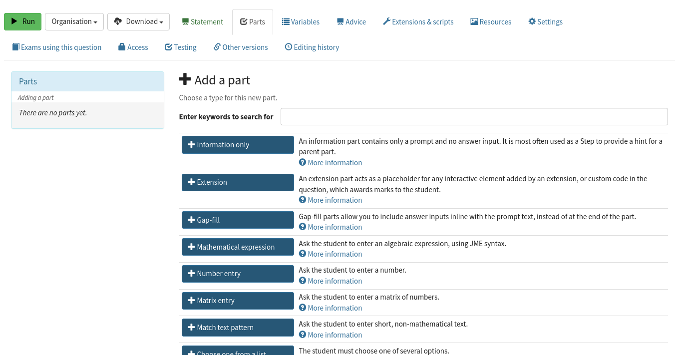 Screenshot of the interface to select a part type