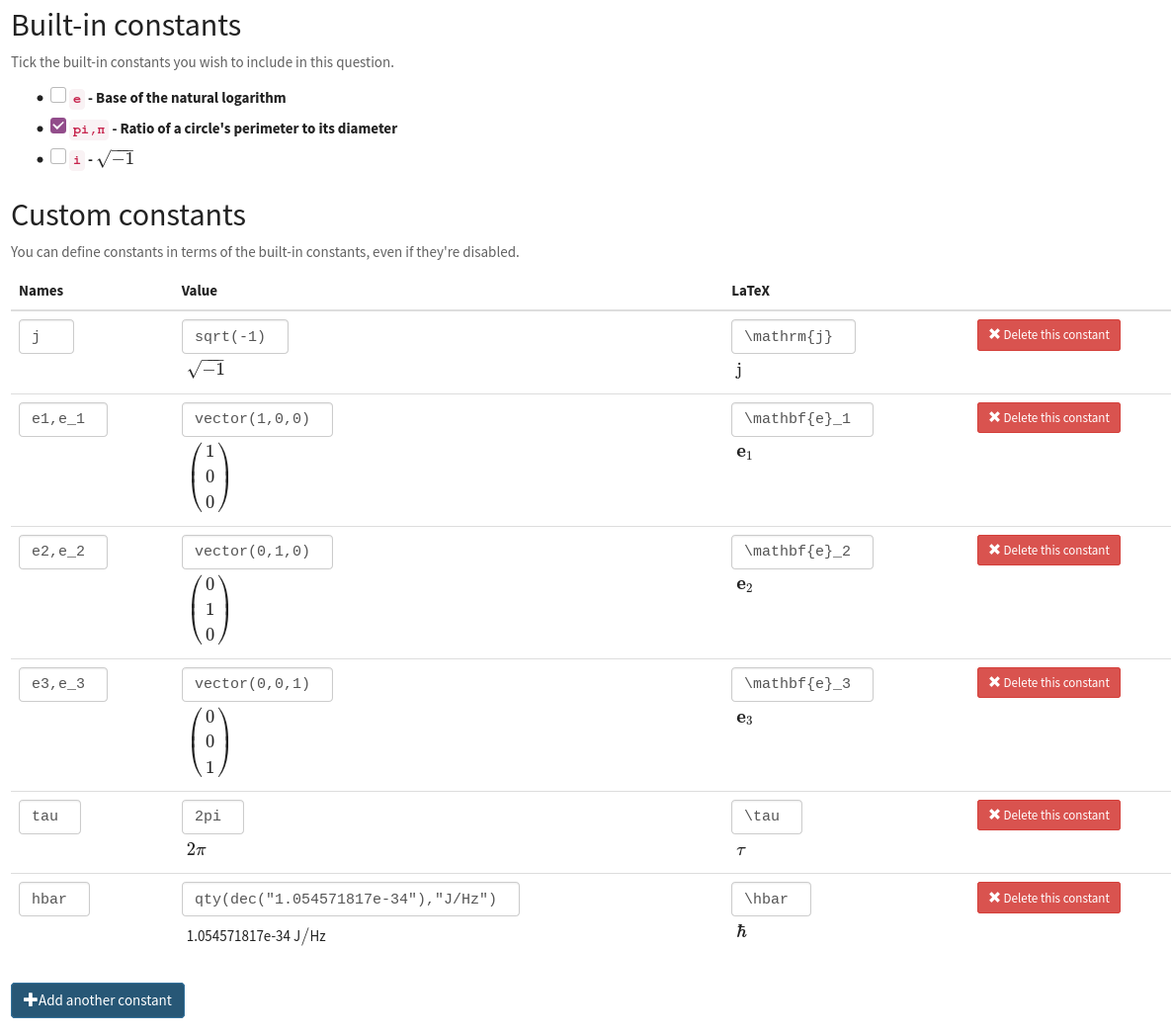 The constants editor. A list of built-in constants, and then some custom constants.