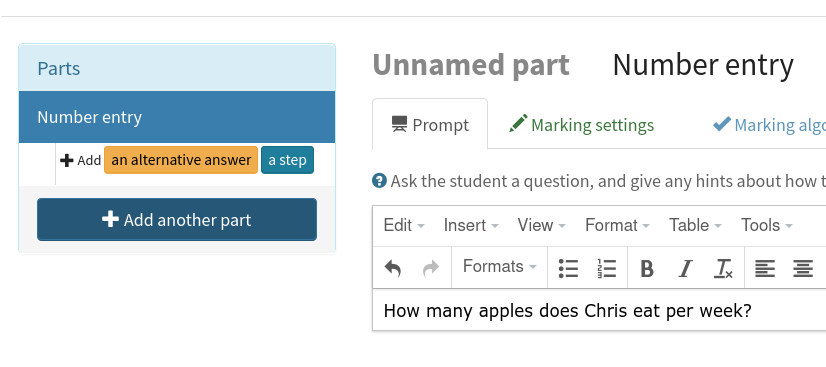 The part prompt editor, containing the text "How many apples does Chris eat per week?"