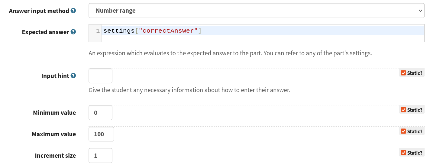 Options for the widget in the custom part type editor. There are fields for expected answer, input hint, minimum value, maximum value, and increment size.