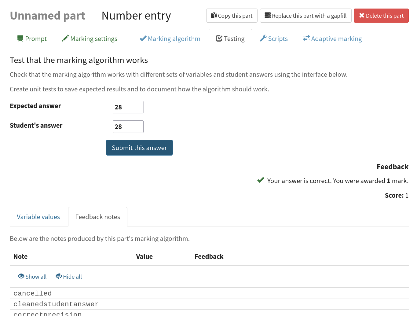 The algorithm testing interface, with an answer entered and some notes selected.