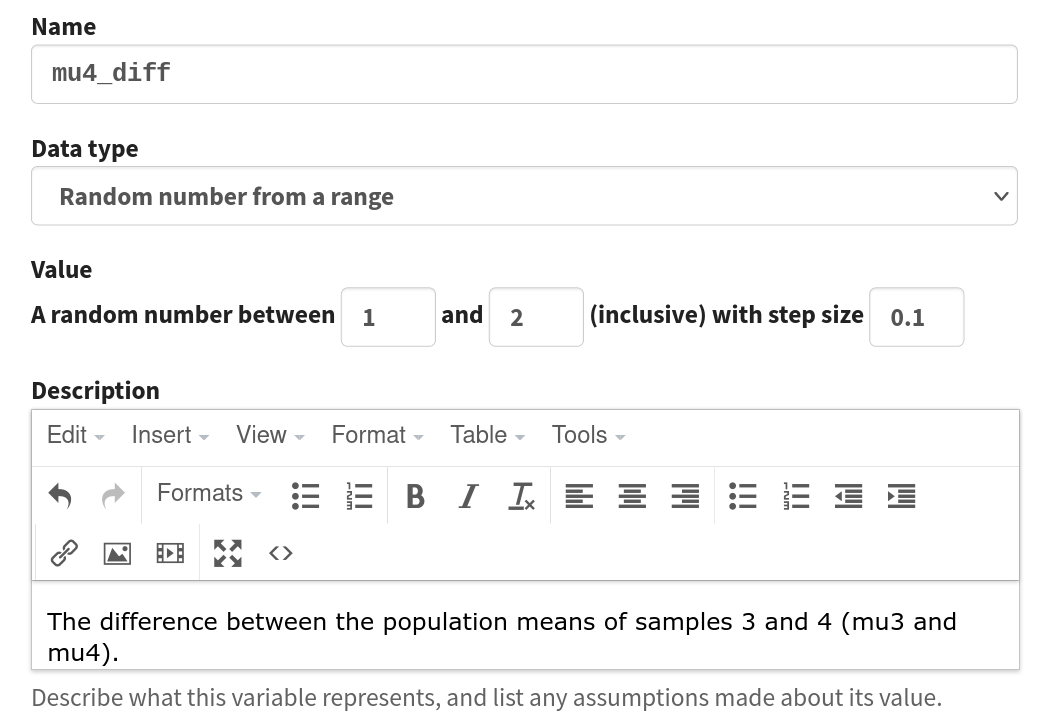 The definition of a variable, with a description of what the variable represents.