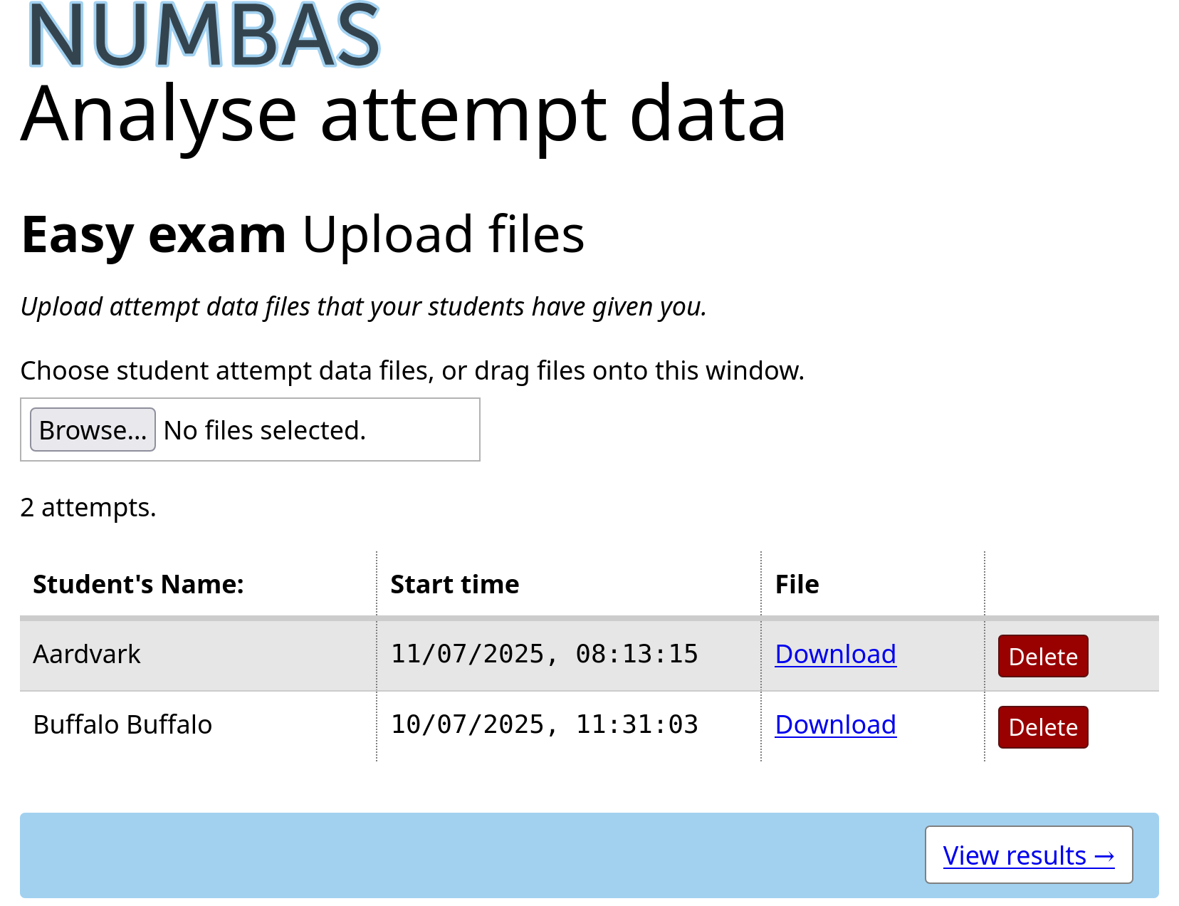 The "Upload files" page, showing two uploaded files.