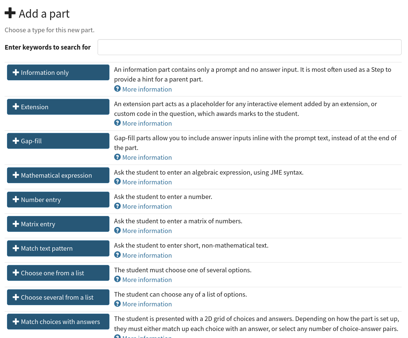 The "add a part" section. There is a button for each part type, followed by the "more parts" button.