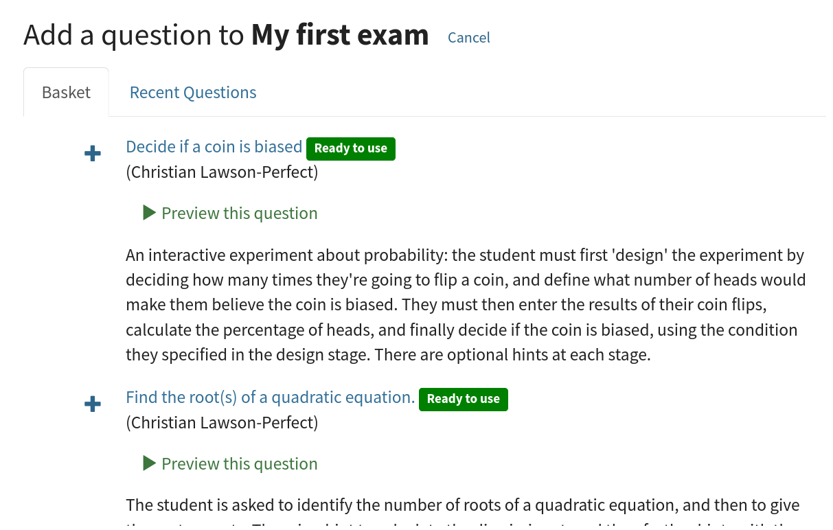 The "Add questions to this exam" section, listing questions in the basket and recently edited questions in a separate tab.