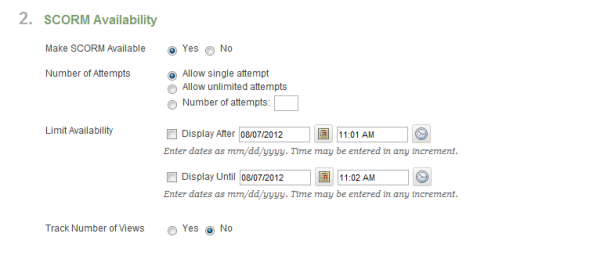 The SCORM availability options.