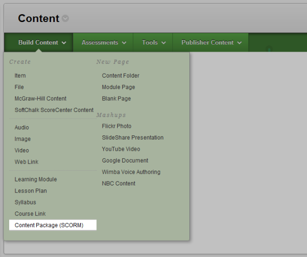 Blackboard's "Build Content" drop-down, with "Content package (SCORM)" highlighted.