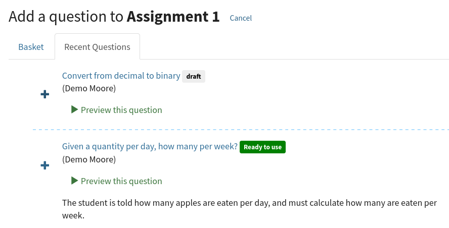A question is about to be added to the exam by clicking on the plus icon.