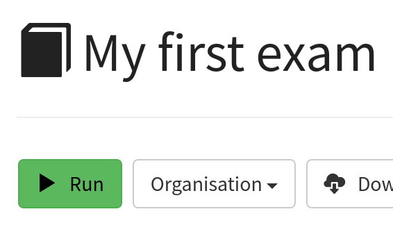 The "test run" button on the exam editor is highlighted.