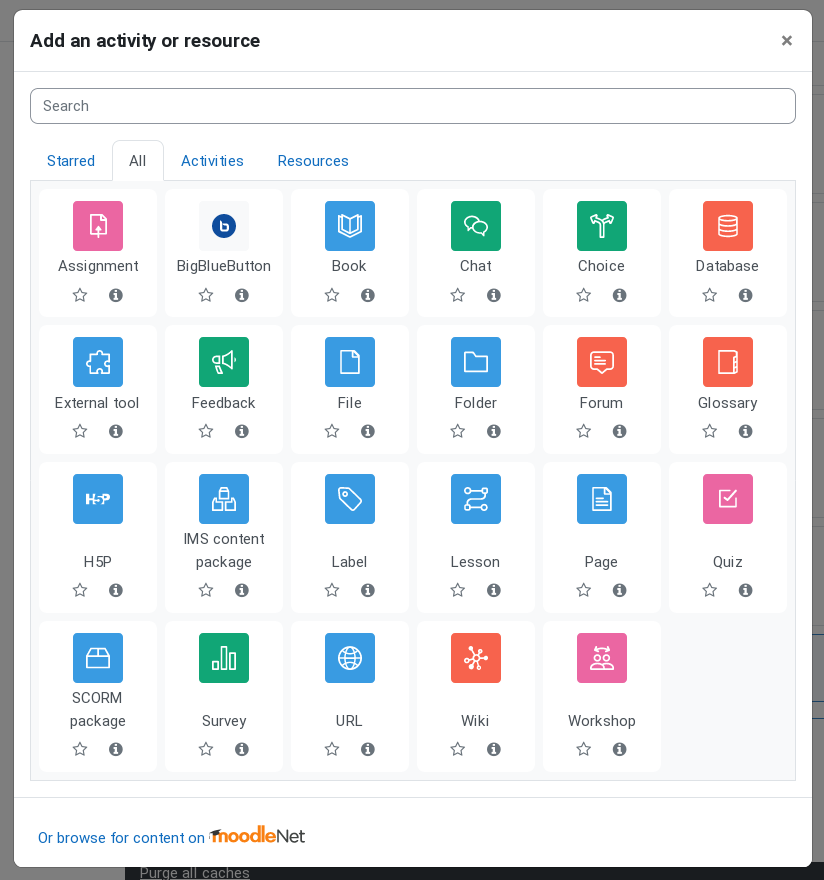 Moodle's "Add an activity or resource" dialog.