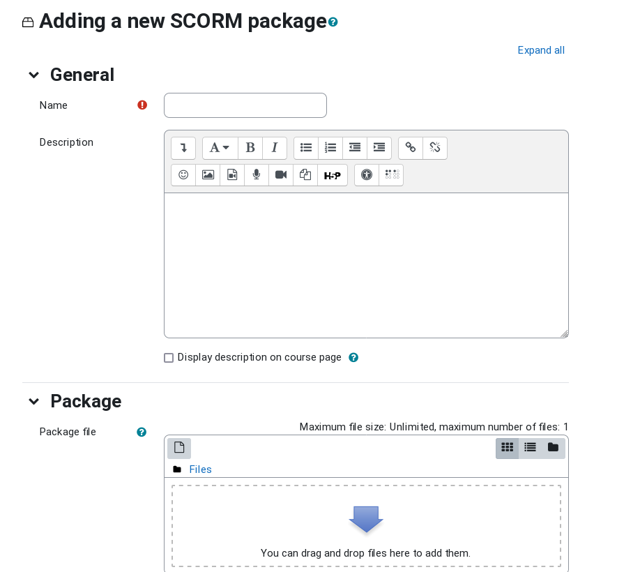Moodle's "Adding a new SCORM package" form.