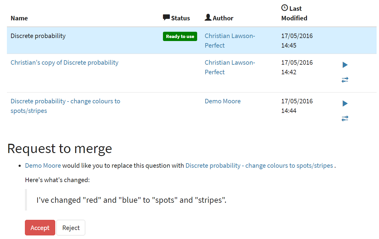 The "other versions" tab, showing a table of questions related to the one being edited.