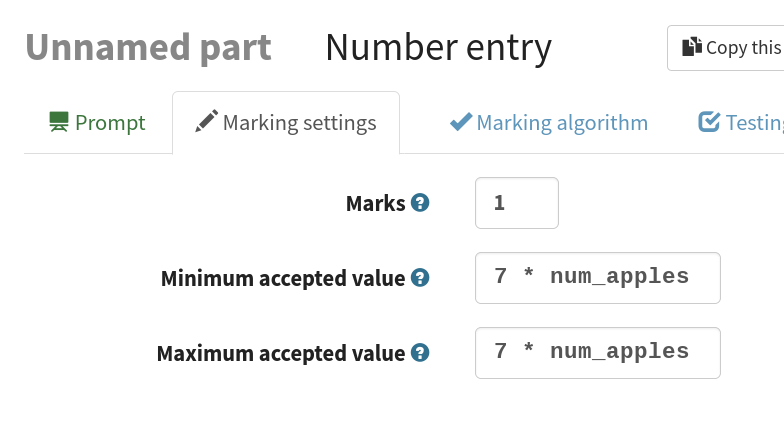 Screenshot of the "marking settings" tab. The minimum and maximum accepted value fields both contain "7 * num_apples".