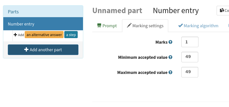Screenshot of the marking settings tab. The minimum and maximum accepted value fields both contain '49'