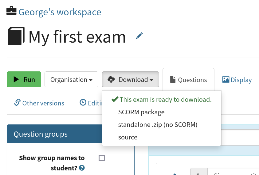 The "download" admin control in the exam editor is highlighted.