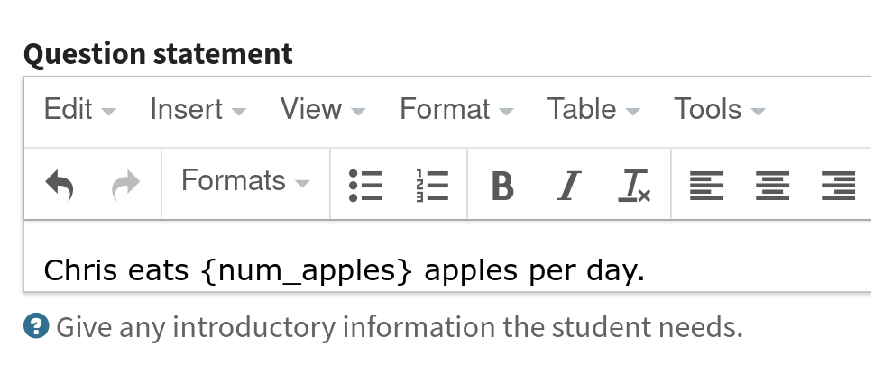 Screenshot of the "Statement" tab. The statement field reads "Chris eats {num_apples} apples per day."