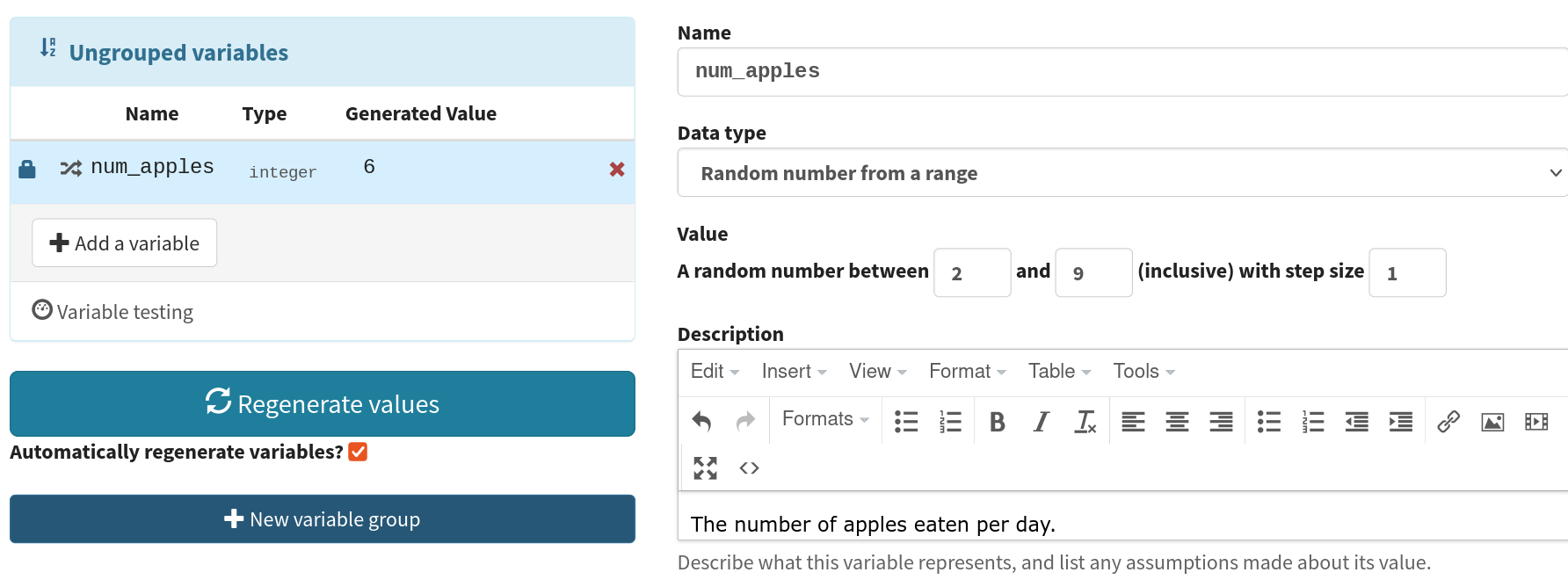 Screenshot of the variable editor. The name field contains "num_apples", the value reads "a random number between 2 and 9 (inclusive) with step size 1", and the description reads "The number of apples eaten per day.