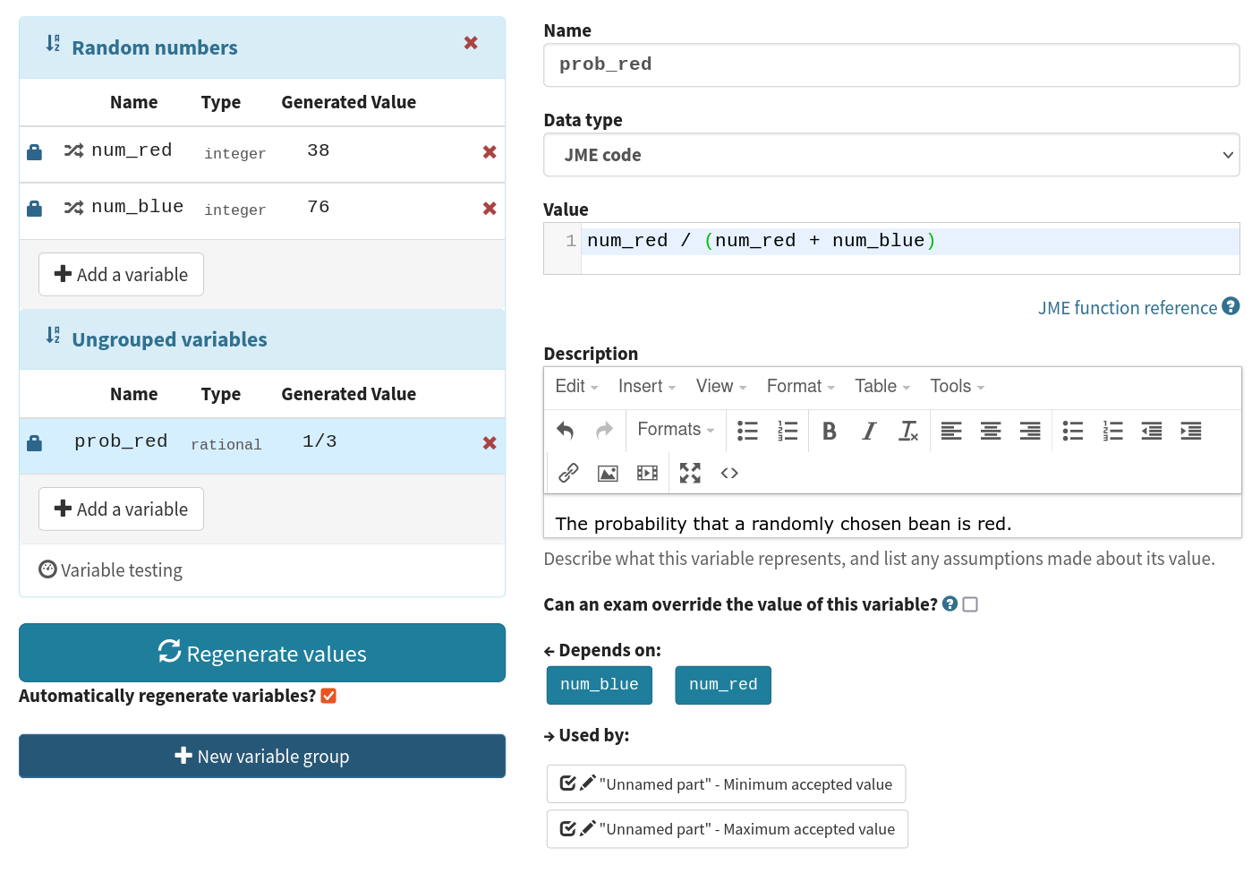 The variables tab, showing the definition of the selected variable on the left and the list of all variables on the right.