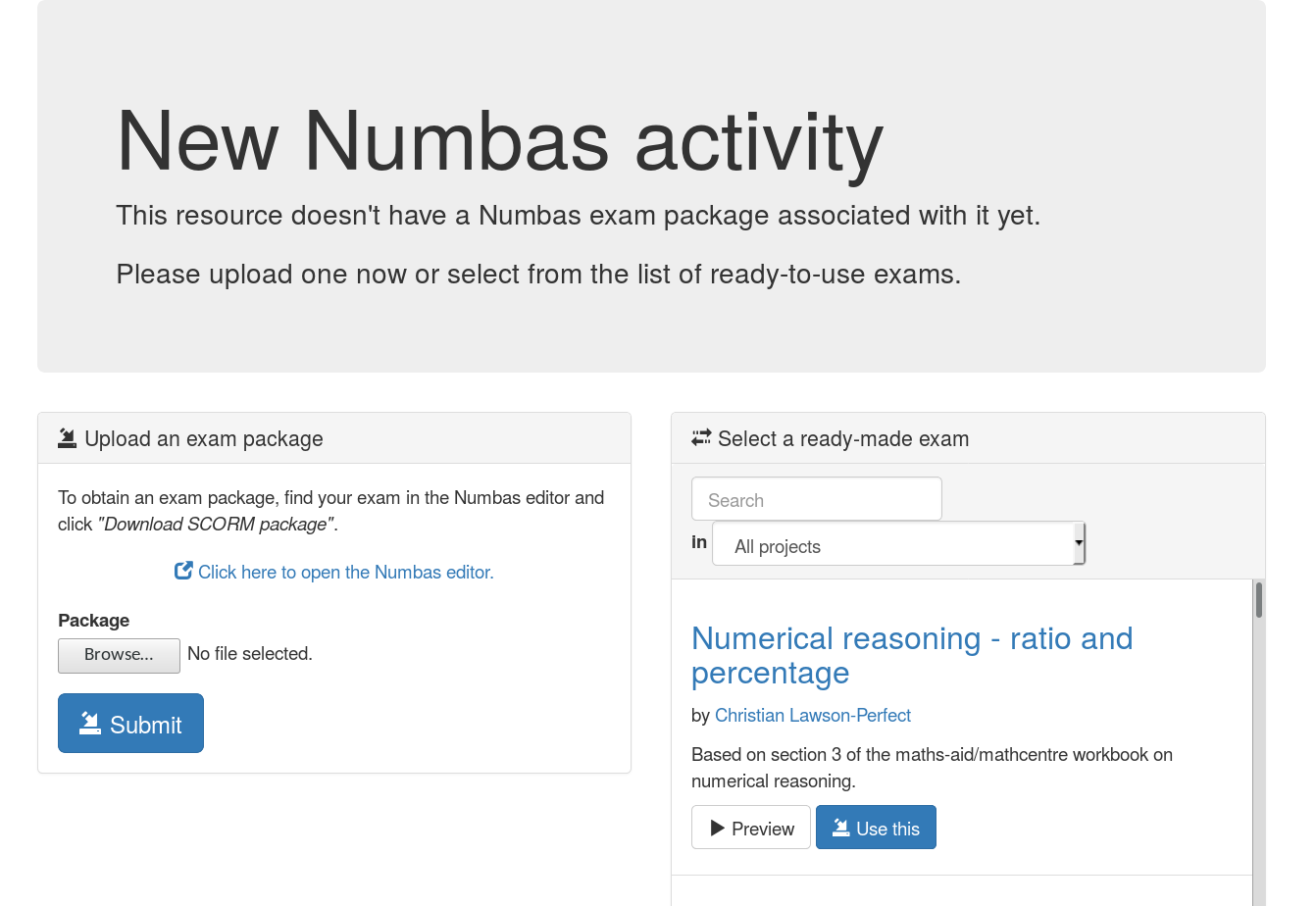 Form with options to upload a Numbas package, or select a ready-made exam.