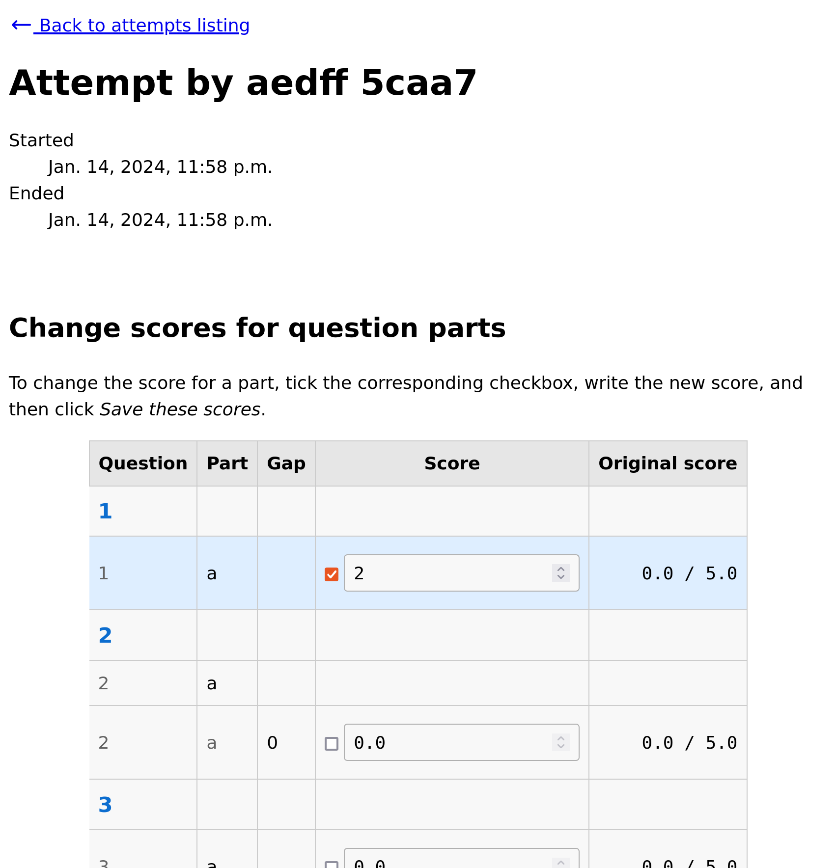 List of question parts. Part a gap 0 of question 1 has been discounted, and question 2 part a gap 0 has had its score manually set to 3.