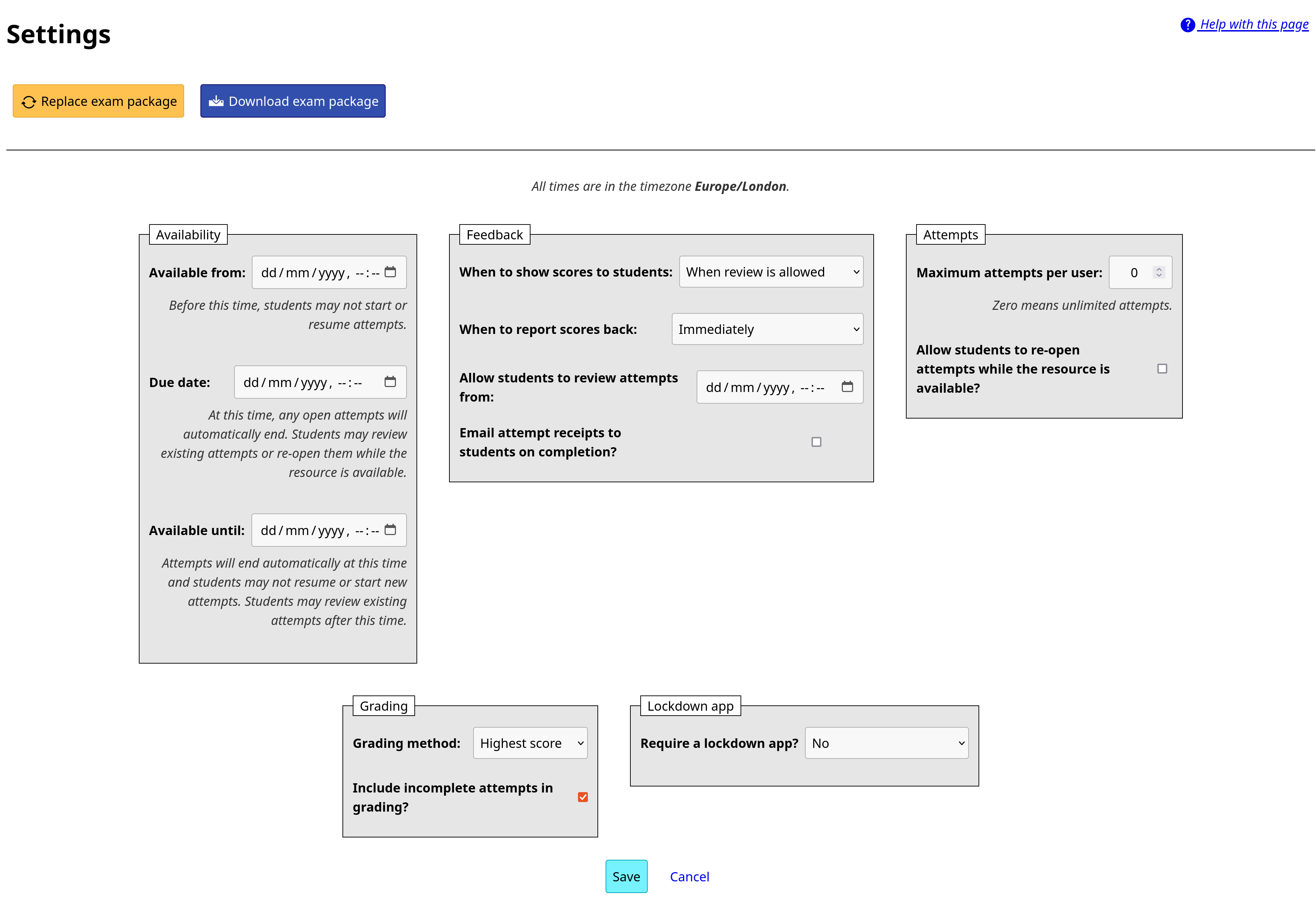 A page headed "Settings", with buttons "Replace exam package" and "Download exam package", followed by groups of form fields.