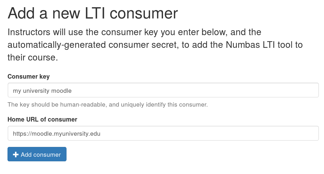 Form with fields "Consumer key" and "Home URL of consumer"