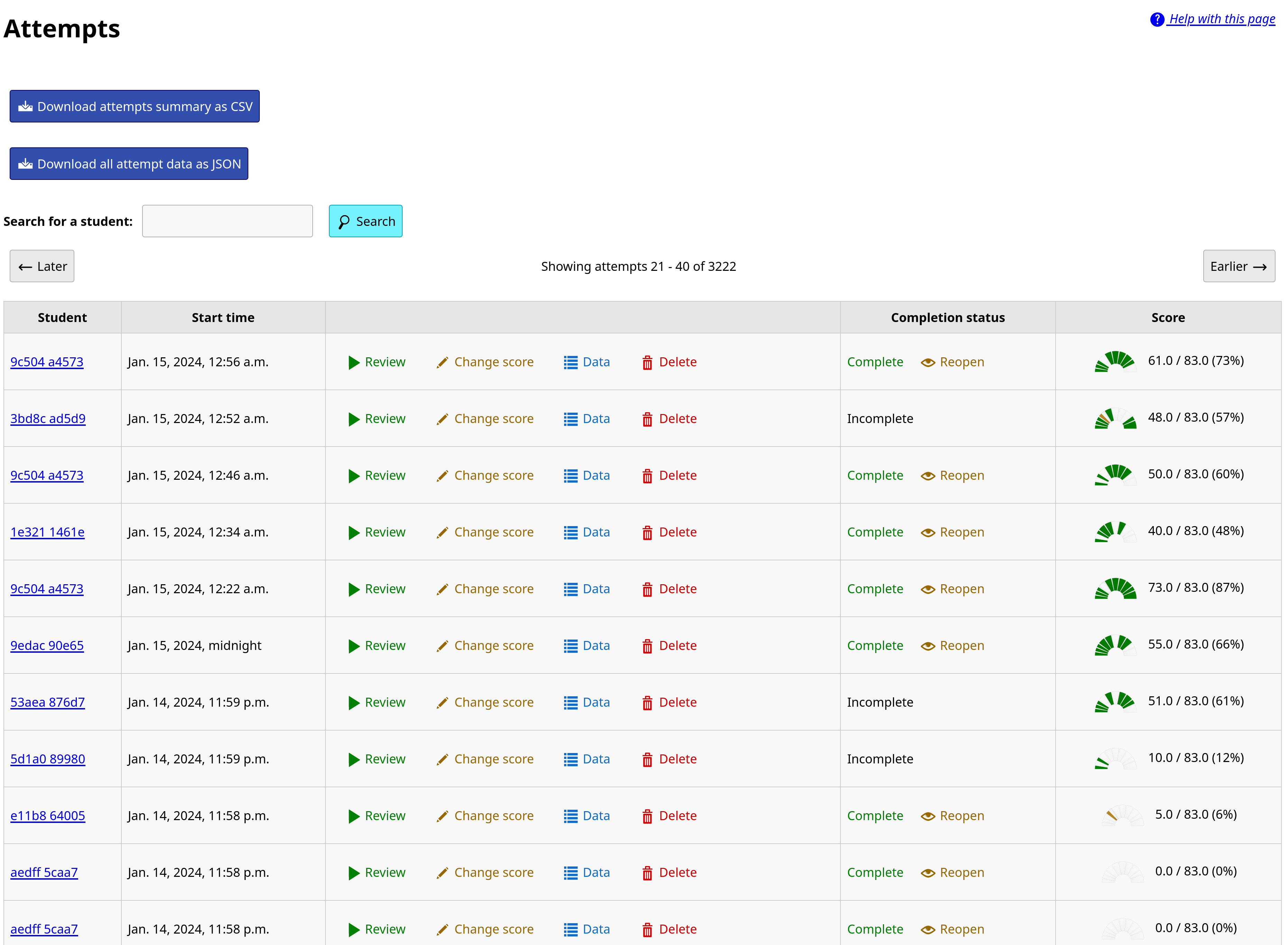 A page headed "attempts". There are buttons to download attempt data, and then a paged table with a row for each attempt.