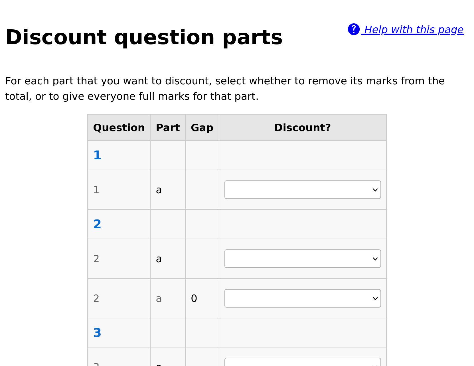 List of question parts. Part a has been discounted.