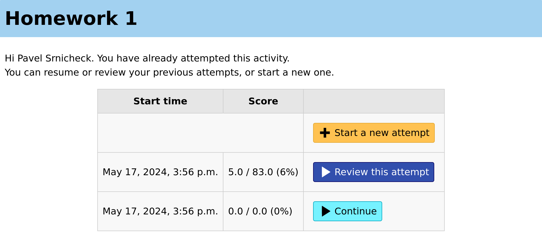 The student attempt summary screen. One incomplete attempt and one completed attempt are shown, along with their scores.