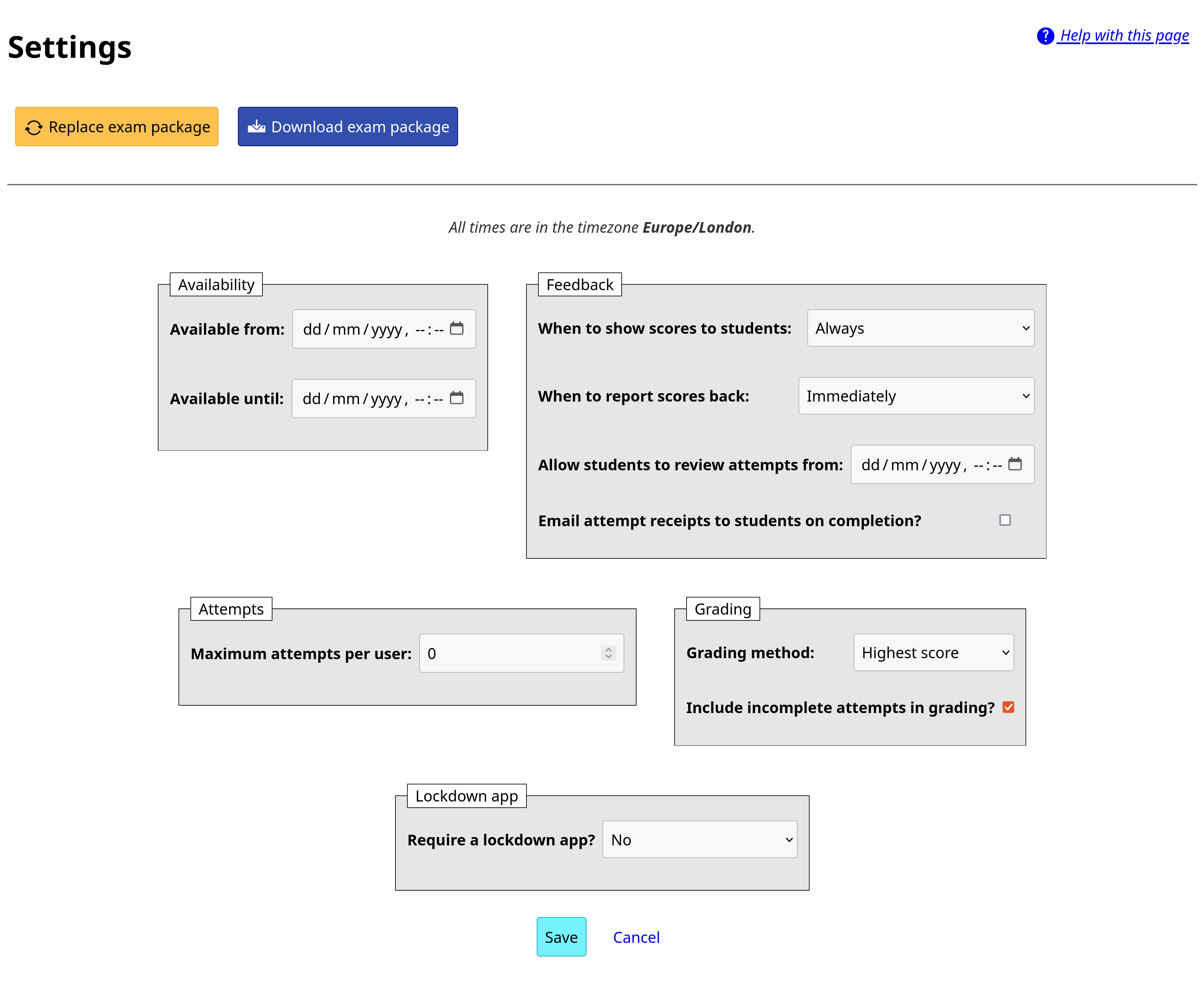 A page headed "Settings", with buttons "Replace exam package" and "Download exam package", followed by groups of form fields.